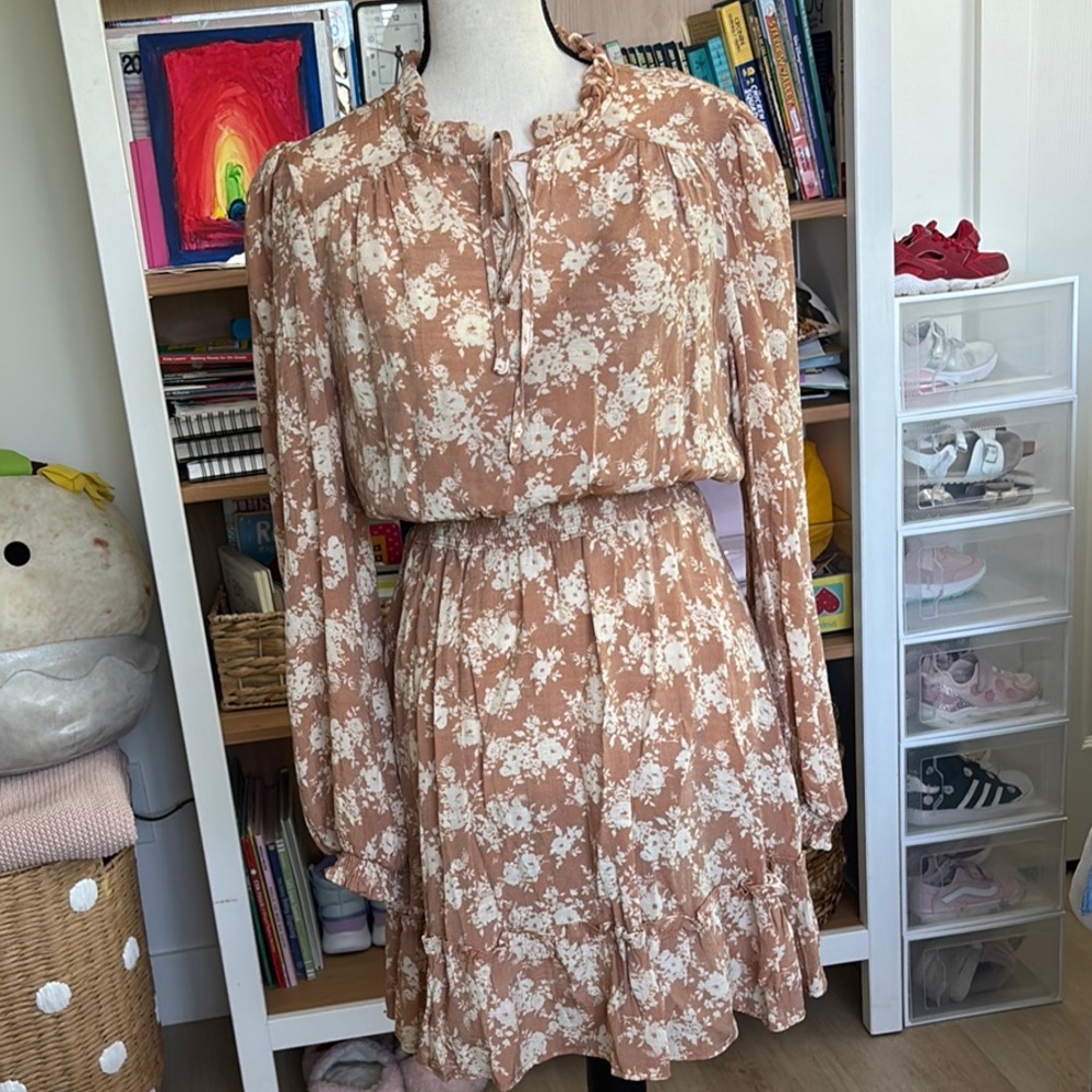 Tan and White Ruffled Tiered Sundress with Bishop Sleeves